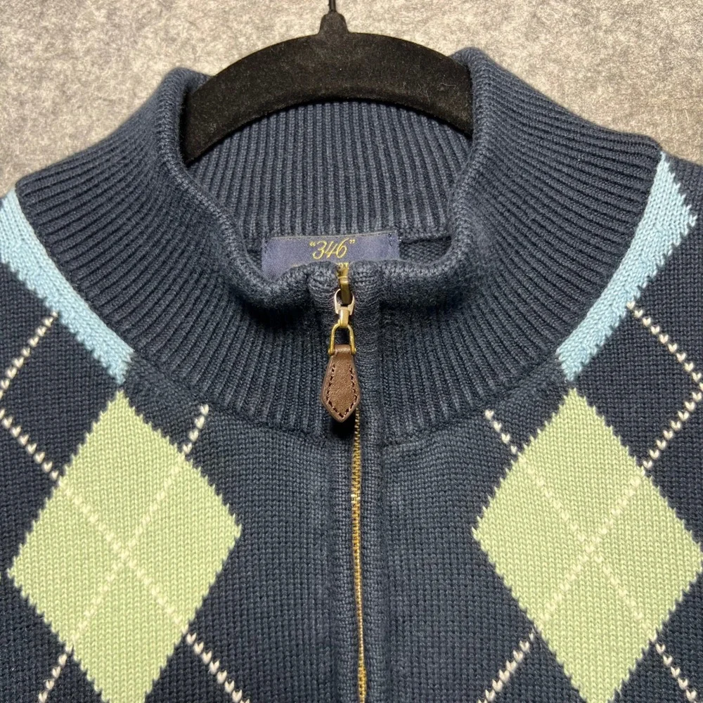 Vintage 90s Brooks Brothers Quarter Zip Sweater Mens XL Navy Blue Argyle‎
